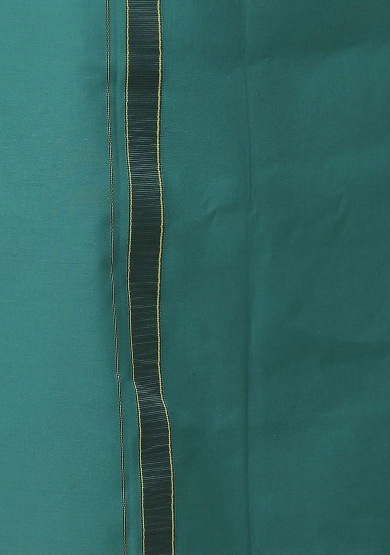 Green Cotton Green Solid Devotional Single Layer Dhoti With Mayilkhan Border For Men