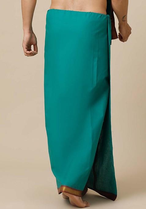 Green Cotton Green Solid Devotional Single Layer Dhoti With Mayilkhan Border For Men