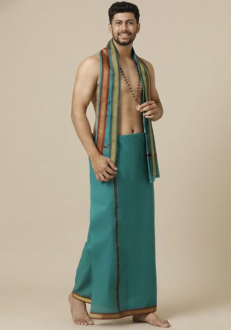 Green Cotton Green Solid Devotional Single Layer Dhoti With Mayilkhan Border For Men