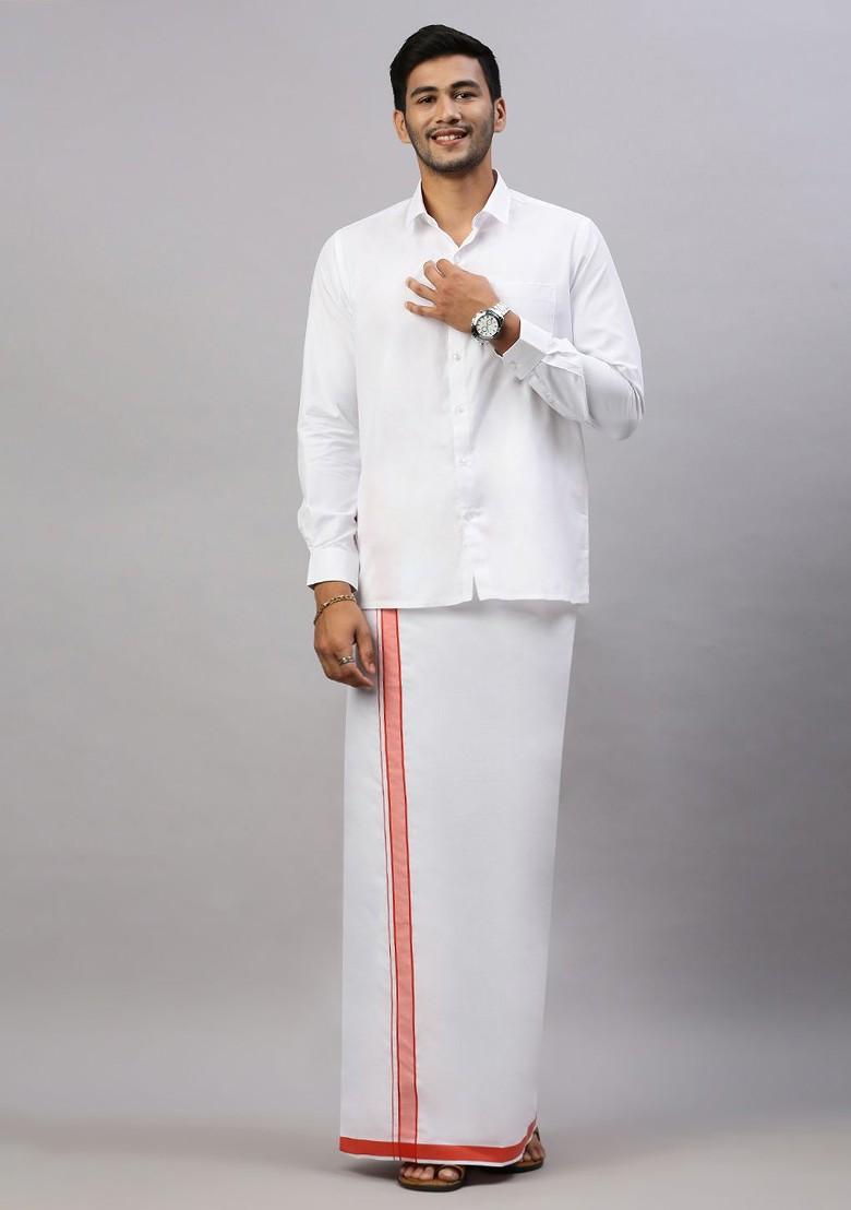 White Solid Formal Cotton Blend Shirt With Dhoti For Men - Indya
