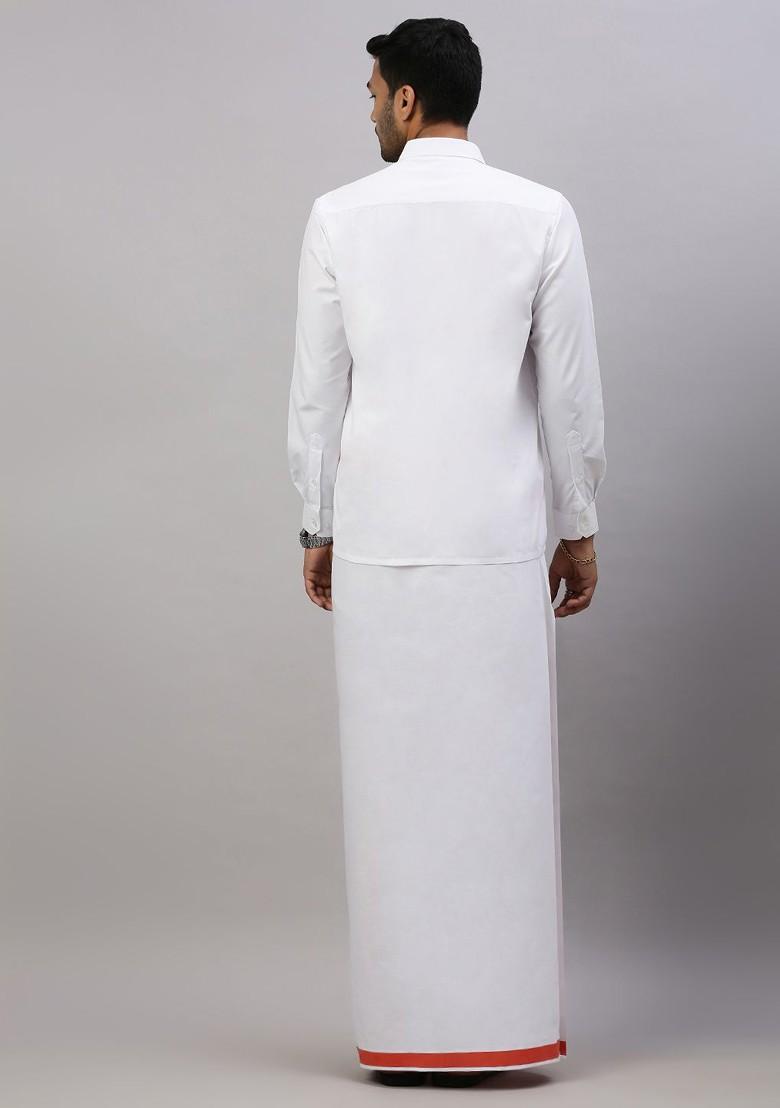 White Solid Formal Cotton Blend Shirt With Dhoti For Men