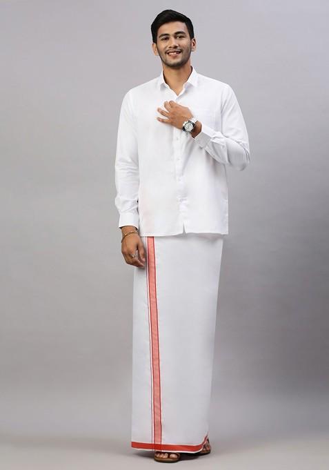 White Solid Formal Cotton Blend Shirt With Dhoti For Men