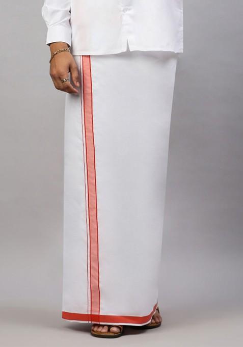 White Solid Formal Cotton Blend Shirt With Dhoti For Men