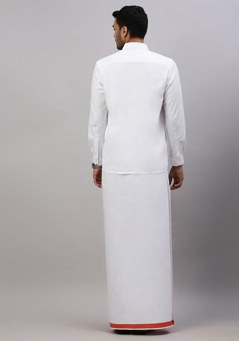 White Solid Formal Cotton Blend Shirt With Dhoti For Men