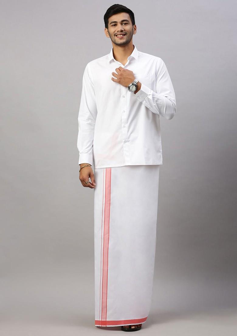 White Solid Formal Cotton Blend Shirt With Dhoti For Men