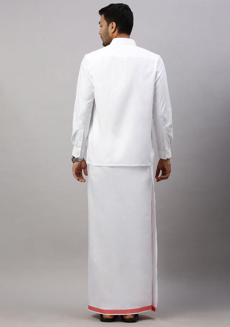 White Solid Formal Cotton Blend Shirt With Dhoti For Men - Indya