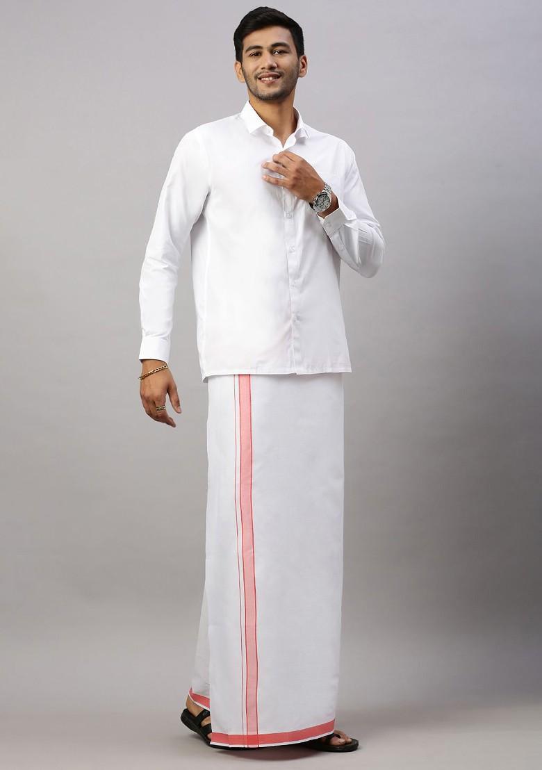 White Solid Formal Cotton Blend Shirt With Dhoti For Men
