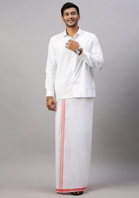White Solid Formal Cotton Blend Shirt With Dhoti For Men