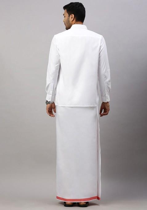 White Solid Formal Cotton Blend Shirt With Dhoti For Men