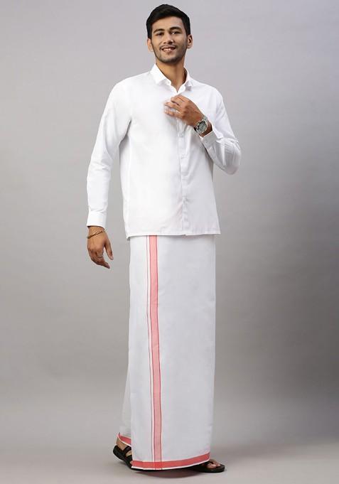 White Solid Formal Cotton Blend Shirt With Dhoti For Men
