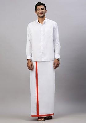 White Solid Formal Cotton Blend Shirt With Dhoti For Men