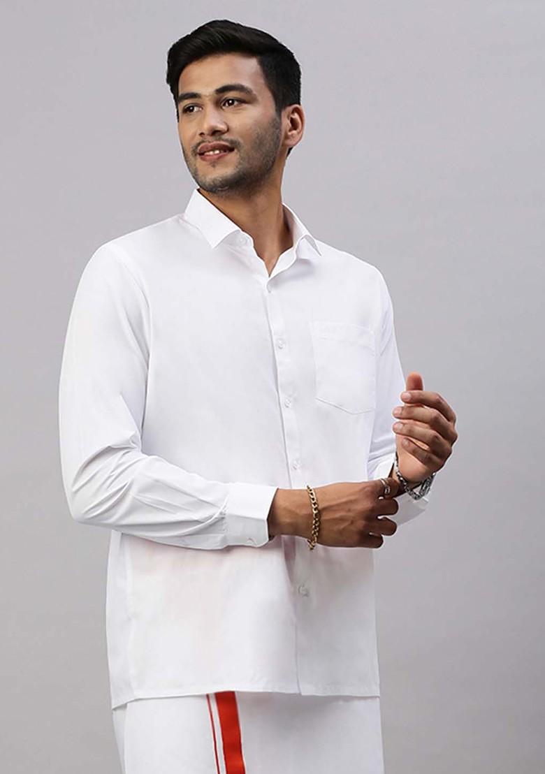 White Solid Formal Cotton Blend Shirt With Dhoti For Men - Indya