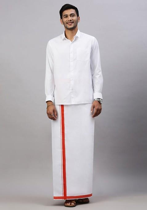 White Solid Formal Cotton Blend Shirt With Dhoti For Men