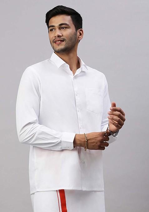 White Solid Formal Cotton Blend Shirt With Dhoti For Men