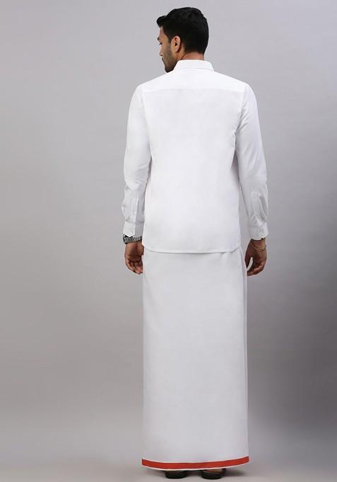 White Solid Formal Cotton Blend Shirt With Dhoti For Men