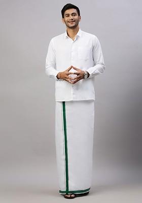 White Solid Formal Cotton Blend Shirt With Dhoti For Men
