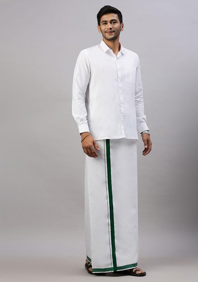 White Solid Formal Cotton Blend Shirt With Dhoti For Men - Indya