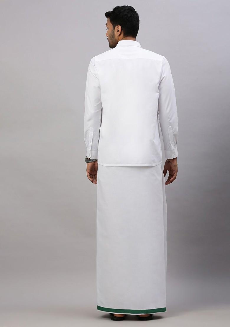 White Solid Formal Cotton Blend Shirt With Dhoti For Men