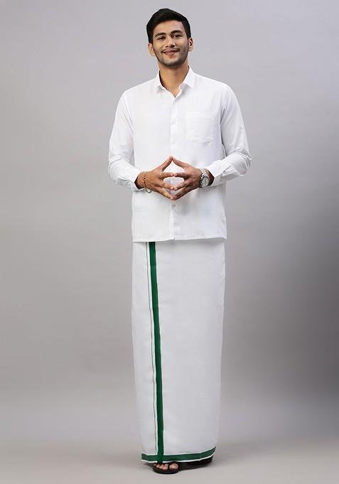 White Solid Formal Cotton Blend Shirt With Dhoti For Men
