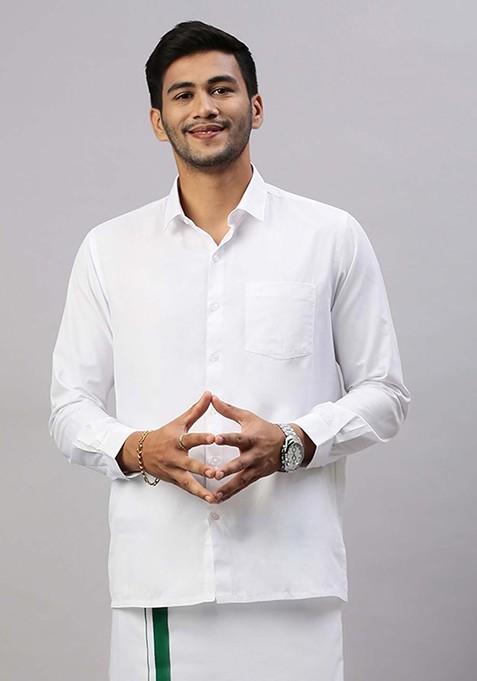White Solid Formal Cotton Blend Shirt With Dhoti For Men