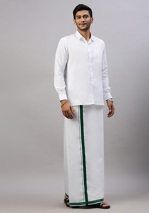White Solid Formal Cotton Blend Shirt With Dhoti For Men