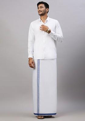 White Solid Formal Cotton Blend Shirt With Dhoti For Men