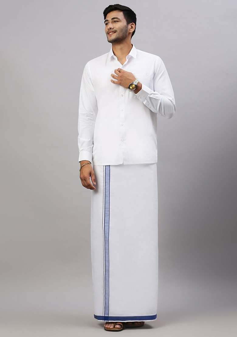 White Solid Formal Cotton Blend Shirt With Dhoti For Men - Indya