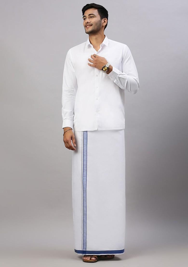 White Solid Formal Cotton Blend Shirt With Dhoti For Men - Indya