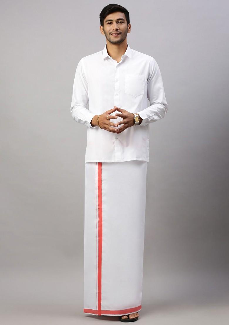 White Solid Formal Cotton Blend Shirt With Dhoti For Men