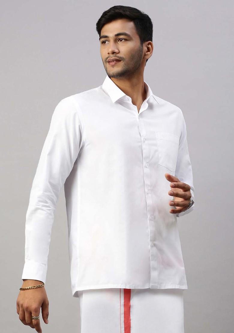 White Solid Formal Cotton Blend Shirt With Dhoti For Men