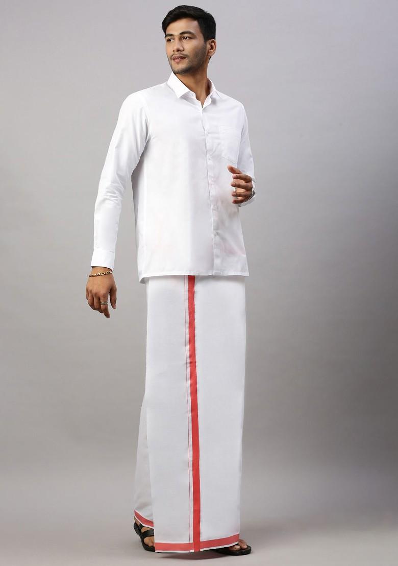 White Solid Formal Cotton Blend Shirt With Dhoti For Men - Indya