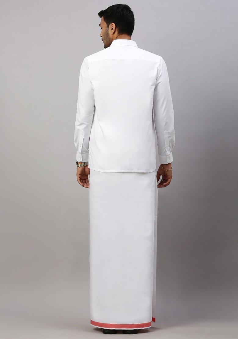 White Solid Formal Cotton Blend Shirt With Dhoti For Men