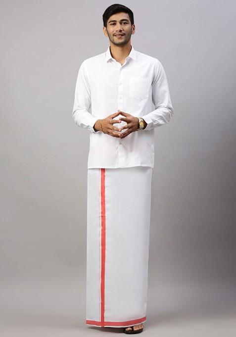 White Solid Formal Cotton Blend Shirt With Dhoti For Men