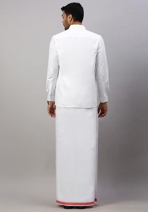 White Solid Formal Cotton Blend Shirt With Dhoti For Men