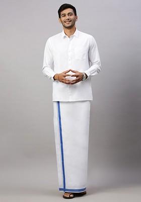 White Solid Formal Cotton Blend Shirt With Dhoti For Men