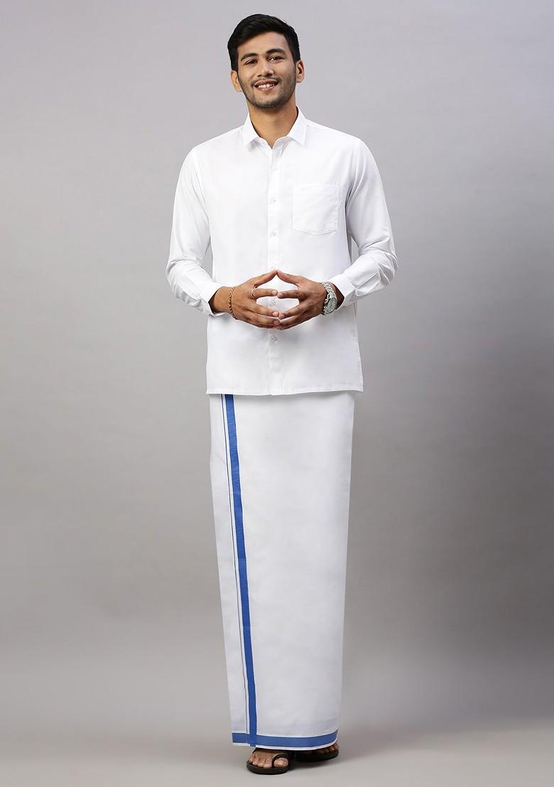 White Solid Formal Cotton Blend Shirt With Dhoti For Men