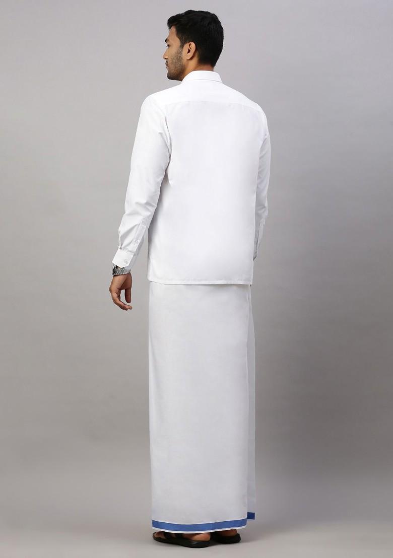 White Solid Formal Cotton Blend Shirt With Dhoti For Men