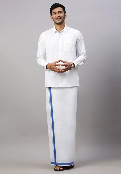 White Solid Formal Cotton Blend Shirt With Dhoti For Men