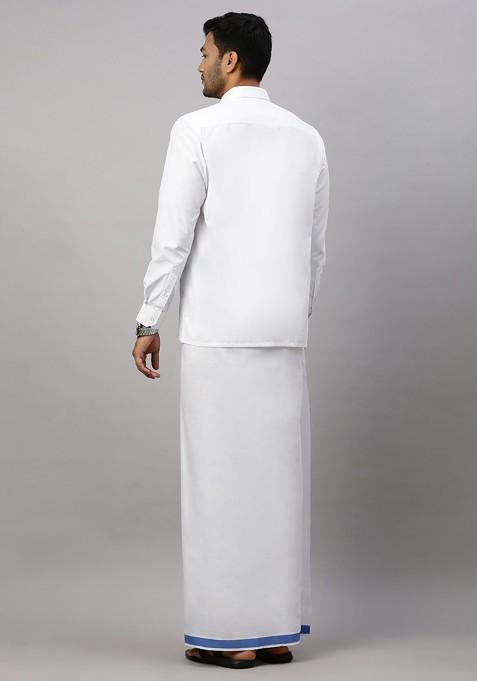 White Solid Formal Cotton Blend Shirt With Dhoti For Men