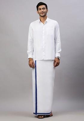 White Solid Formal Cotton Blend Shirt With Dhoti For Men