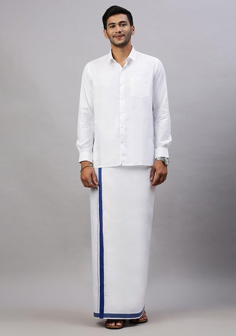 White Solid Formal Cotton Blend Shirt With Dhoti For Men