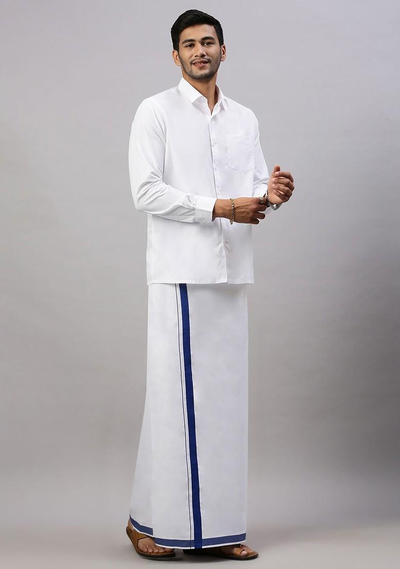 White Solid Formal Cotton Blend Shirt With Dhoti For Men