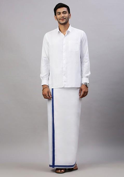 White Solid Formal Cotton Blend Shirt With Dhoti For Men