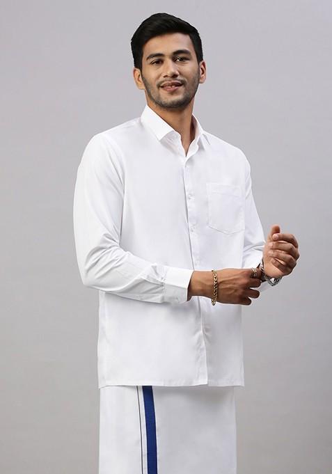 White Solid Formal Cotton Blend Shirt With Dhoti For Men