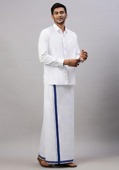 White Solid Formal Cotton Blend Shirt With Dhoti For Men