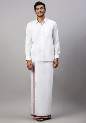 White Solid Formal Cotton Blend Shirt With Dhoti For Men