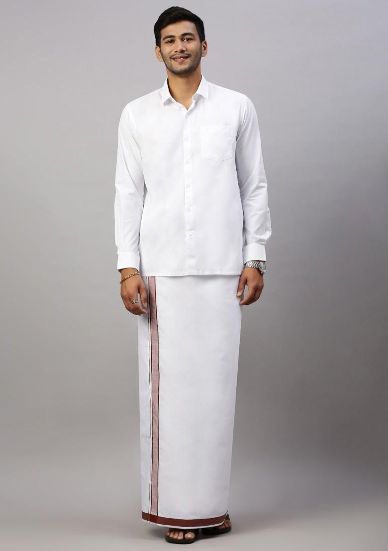 White Solid Formal Cotton Blend Shirt With Dhoti For Men - Indya