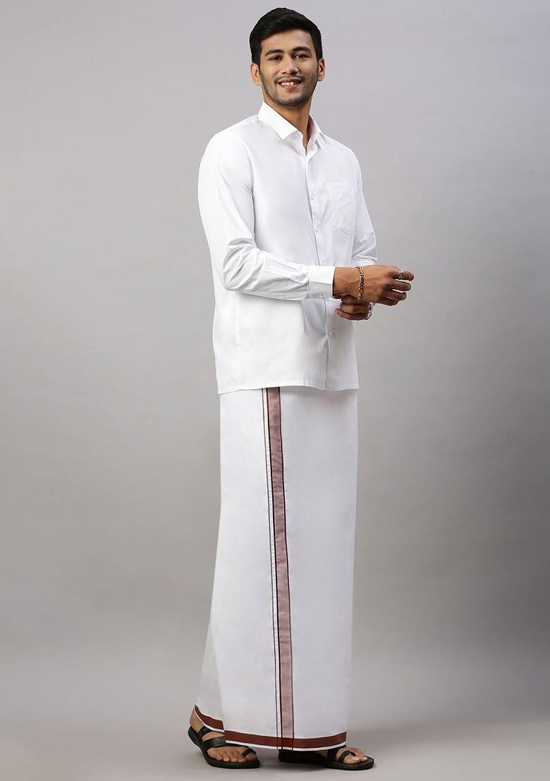 White Solid Formal Cotton Blend Shirt With Dhoti For Men - Indya