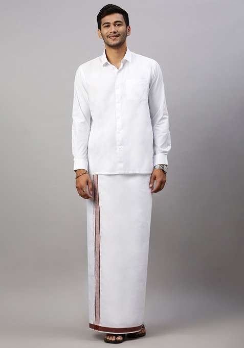 White Solid Formal Cotton Blend Shirt With Dhoti For Men