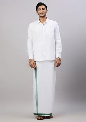 White Solid Formal Cotton Blend Shirt With Dhoti For Men